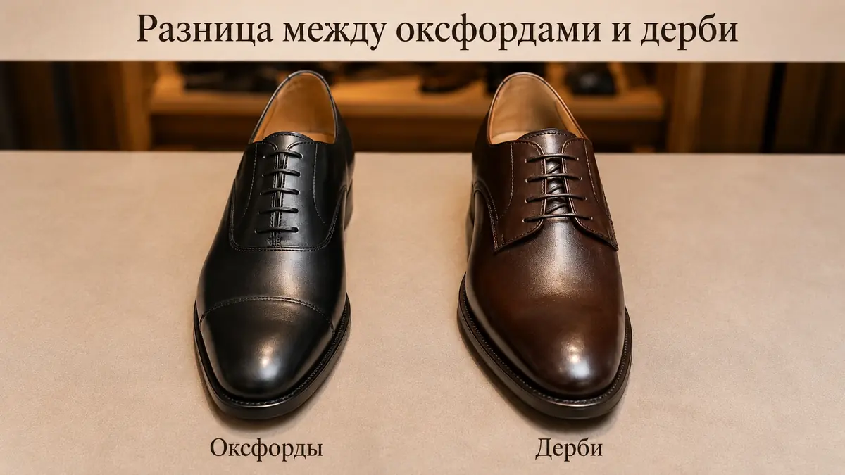Разница между оксфордами и дерби в мужской обуви крупным планом
