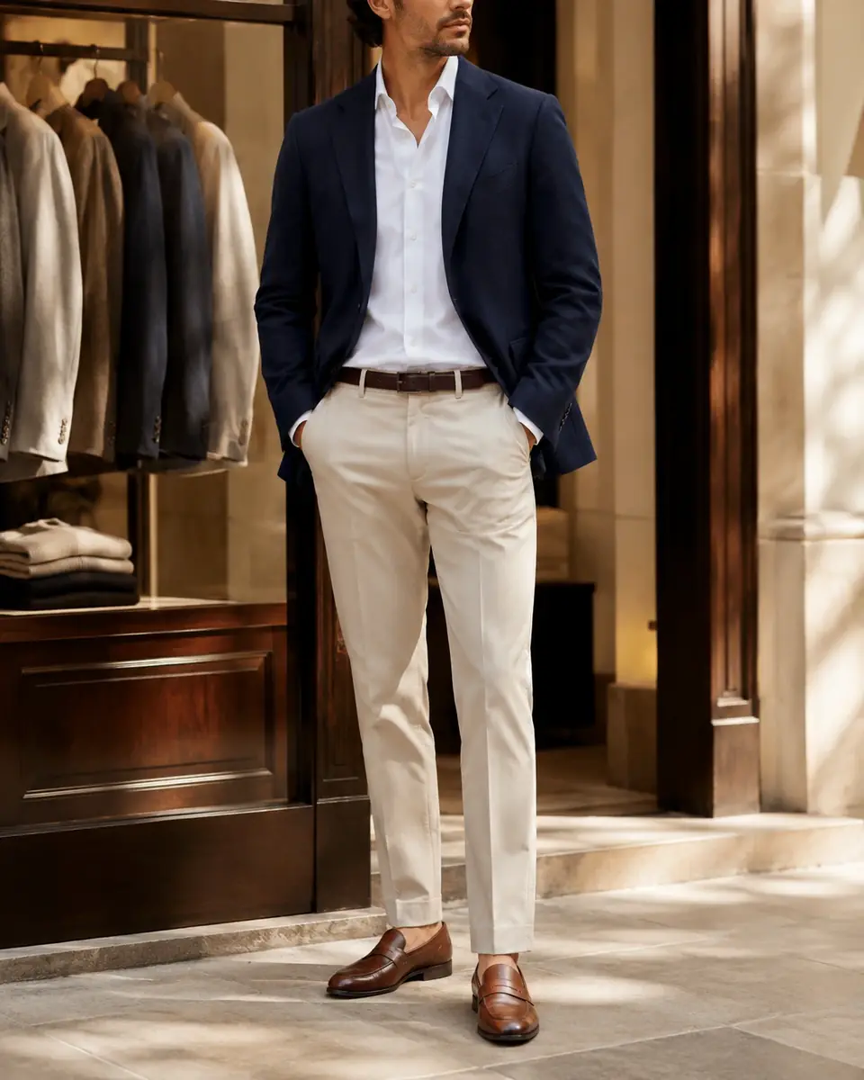 Мужчина в летнем smart casual образе с кожаными лоферами