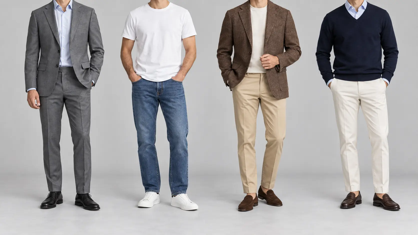 Четыре мужских комплекта: классика, casual, smart casual и вариант с элементами преппи